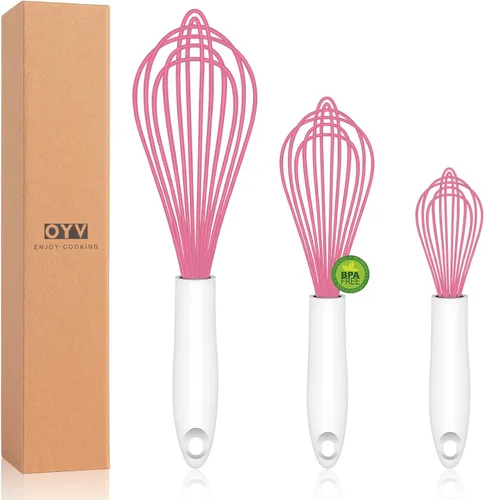 Miniatura 13 de OYV Batidor de silicona colorido apto para lavavajillas, diseño sellado impermeable, juego de 3, batidores de cocina profesionales para cocinar
