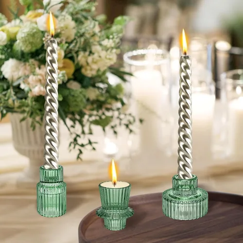 Miniatura 5 de Portavelas de cristal, juego de 3 candelabros verdes, velas cónicas de 3 estilos para todos los eventos formales, centros de mesa, bodas, cenas