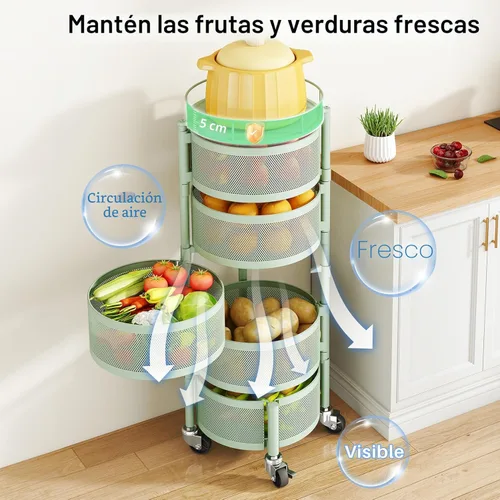Miniatura 4 de SAYZH Cesta de frutas y verduras para cocina, estante de almacenamiento giratorio, carrito rodante de 5 niveles con tapa superior, ruedas de alambre