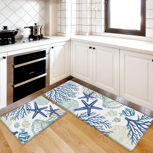 Miniatura 9 de SHACOS Coastal Beach - Juego de 2 tapetes de cocina antifatiga con temática de mar, conchas de estrella de mar azul, peces tropicales corales, 17 x