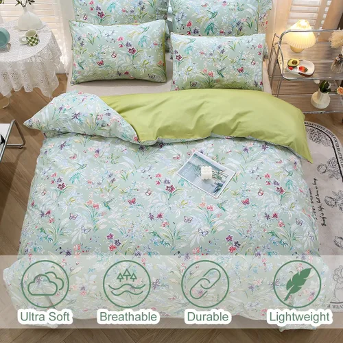 Miniatura 3 de URBONUR Juego de funda de edredón con diseño floral verde, tamaño King, 100% algodón egipcio, juego de ropa de cama con estampado de mariposas Verde