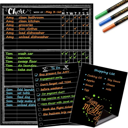 JJPRO Tabla de tareas magnética de borrado en seco para nevera, pizarra de comportamiento para tiza para varios niños - Una tabla de tareas y dos