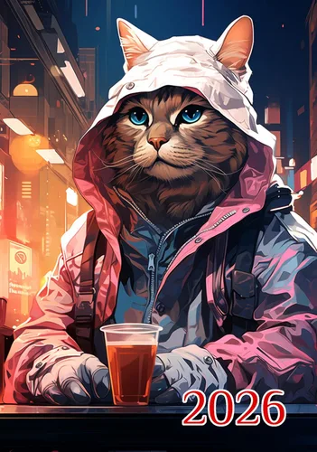 Calendario de pared 2025 [12 páginas de 8 x 12 pulgadas] Gatos con coloridas chaquetas y gafas de sol Cyberpunk Póster de ilustración de libro