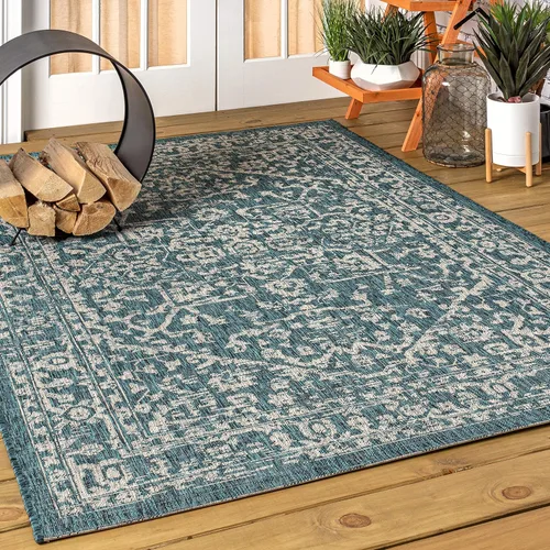 Miniatura 3 de JONATHAN Y Boho Medallion - Alfombra para interiores y exteriores, 3 x 5 pies, color verde azulado/gris, tejido texturizado Malta, para patio