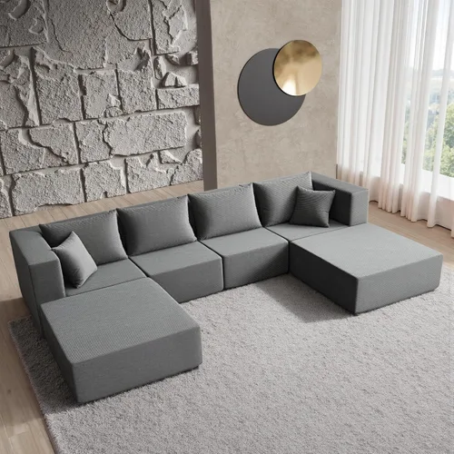 Miniatura 8 de YINIX Sofá cama modular de pana de 140 pulgadas, cómodo sofá de nube para sala de estar, sofá de piso de 6 piezas, combinación de compresión libre