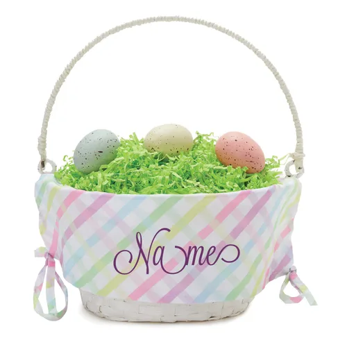 Miniatura 3 de Cesta de huevo de Pascua personalizada con asa y nombre personalizado en escritura morada Forro de canasta de Pascua multicolor Cesta blanca