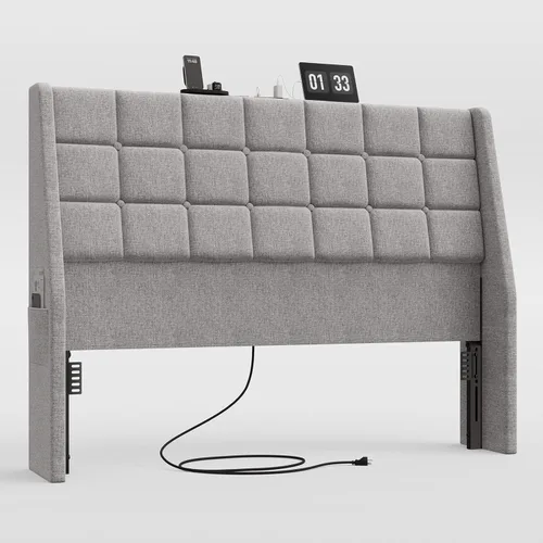 Miniatura 8 de Cabecero tapizado ergonómico tamaño queen con estación de carga, cabeceros con respaldo de orejas de lino con bolsillo de almacenamiento, solo Gris