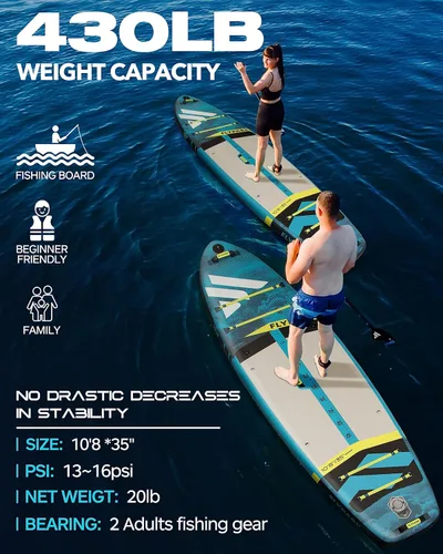 Miniatura 2 de Flypark Tabla de remo inflable de 10'8/11'x35'' para pesca y familia, tabla de remo inflable extra ancha, 430 libras, 3 personas, tabla de remo