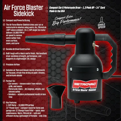 Miniatura 2 de METROVAC Air Force Blaster Sidekick Secador de Aire para Vehículo Pequeño o Motocicleta Metro Vacuum Hecho en EE.UU Negro - Velocidad única