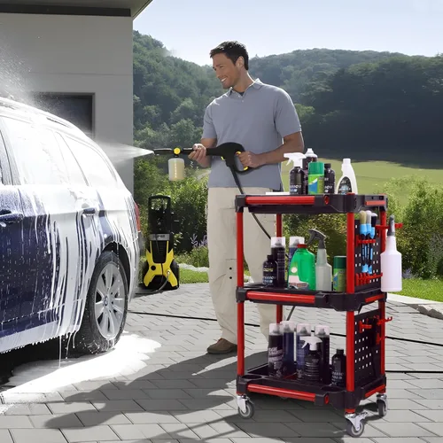 Miniatura 6 de Carrito de Detallado de Automóviles con Ruedas – Organizador Utilitario Móvil Resistente de 3 Niveles para Lavado de Autos y Reparaciones