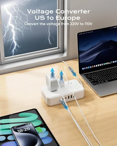 Miniatura 4 de Adaptador de viaje de Estados Unidos a Europa de 220 V a 110 V convertidor de voltaje con carga USB de 4.5 A de 6 puertos y adaptador de enchufe