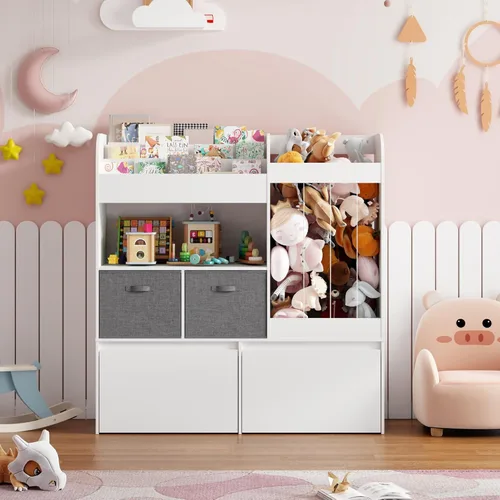 Miniatura 8 de Estantería para niños, almacenamiento de animales de peluche con tapete de juego, organizador de almacenamiento de juguetes de madera con 2 cajones