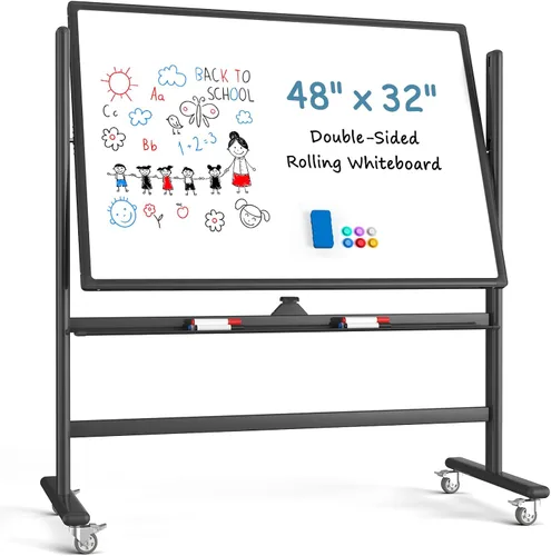 MaxGear Pizarra blanca móvil de 48 x 32 pulgadas sobre ruedas, marco de aluminio resistente y embalaje reforzado, pizarra magnética de borrado en