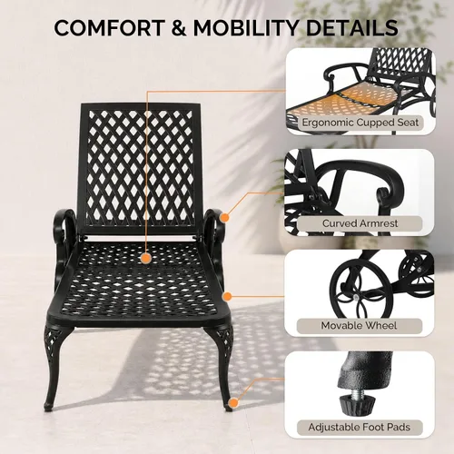 Miniatura 5 de VINGLI Tumbona de aluminio fundido para exteriores con ruedas, tumbona de patio con respaldo ajustable de 3 posiciones, silla reclinable