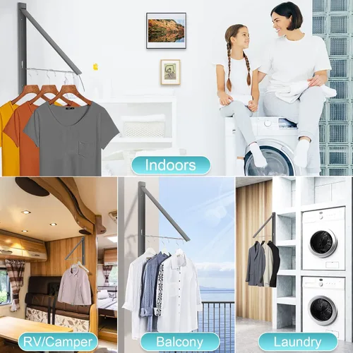Miniatura 8 de Ithywat Estante de secado de ropa retráctil, ahorro de espacio, colgador plegable montado en la pared para lavandería, organización de Gris