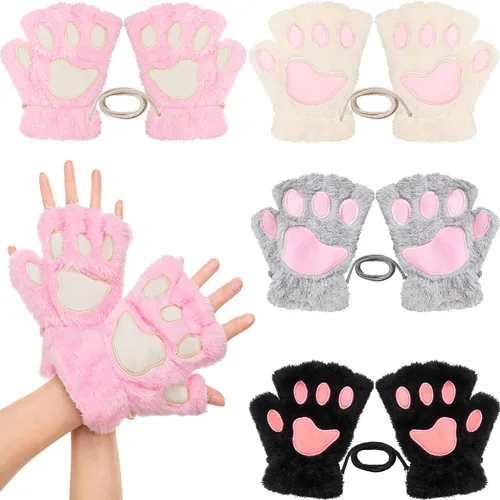 SATINIOR 4 pares de guantes de pata de gato, guantes sin dedos, guantes de media pata de dedo, guantes de felpa de invierno para niños y adultos,