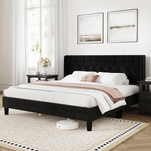Miniatura 14 de Novilla - Base de cama Queen con cabecero, base de cama tamaño Queen con soporte de listones de madera, cabecero tapizado de terciopelo con puntos