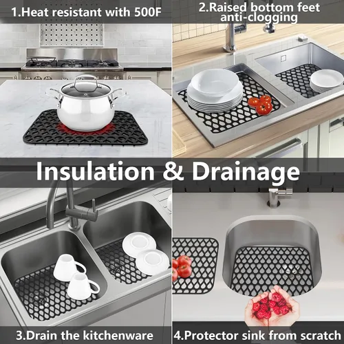 Miniatura 6 de Protectores de fregadero para fregadero de cocina, 2 piezas de alfombrilla de cocina de silicona de 13.58"x11.6", protector inferior antideslizante