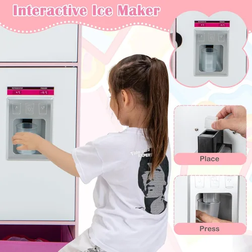 Miniatura 7 de Costzon Juego de cocina 2 en 1 para niños y tienda de comestibles, cocina de juego de simulación de doble cara con luz y sonido, máquina de hielo