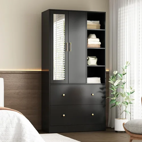 Homsee Armario de madera con espejo, 2 puertas, 2 cajones, 4 cubos de almacenamiento abiertos y barra para colgar para dormitorio, negro (35.5