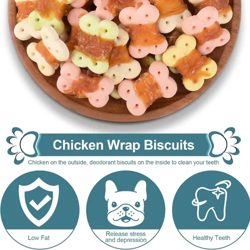 Miniatura 4 de Golosinas envueltas en pollo para perros, masticables sin cuero crudo, 8 onzas 30% real poultry; 60% baked core; 15% protein; easily digestible