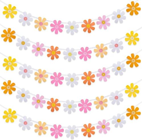 Miniatura 2 de Juego de 5 banderines de margaritas con diseño de margaritas bohemias, guirnaldas de papel hippie para fiesta, pancartas de flores coloridas