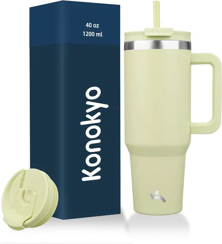 Miniatura 11 de Konokyo - Vaso de 40 onzas con asa y 2 pajillas, botella de agua aislada 2 en 1 con tapa. Taza de viaje de acero inoxidable para café, flores
