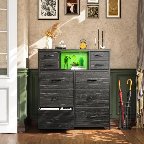 Miniatura 2 de Romorgniz - Cómoda para dormitorio con 10 cajones con luz LED y toma de corriente, cómodas de tela y cómoda con estantes abiertos para pasillo, sala