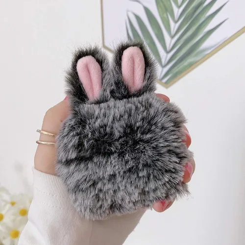 Miniatura 2 de Guppy Compatible con AirPods Pro 2 - Funda de conejo peludo para niñas, caricaturas 3D, lindas orejas de conejo, funda de transporte mullida y Gris