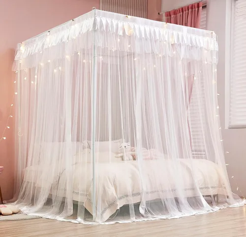 Miniatura 3 de Mengersi Cortina para Dosel de Cama Princesa, con 4 Esquinas, Dosel con Mosquitero para Cama de Princesa (Blanco, Doble)