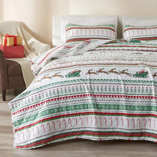 Miniatura 16 de Great Bay Home Juego de edredón navideño de 3 piezas con fundas de almohada. Colcha cubrecama reversible con patrón navideño. Colección Holly Ciervo