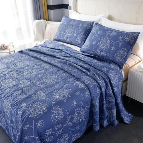 Miniatura 58 de Juego de edredón azul floral con patrón de bordado 3D de 2 piezas, 100% algodón, reversible, acolchado bordado decorativo, cubrecamas, juego