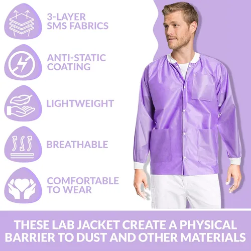 Miniatura 24 de Paquete de 10 chaquetas desechables de laboratorio, chaqueta médica reutilizable hasta la cadera, unisex, con puños de punto y bolsillos