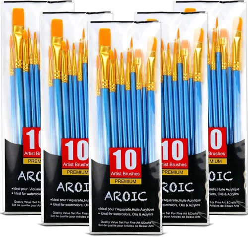 Juego de pinceles de pintura acrílica, 5 paquetes/50 cepillos de pelo de nailon para todo uso, óleo, acuarela, pintura, artista, kits profesionales