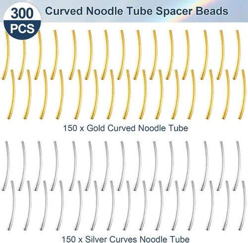 Miniatura 4 de PAGOW 300 cuentas de tubo, cuentas curvadas de fideos de 0.98 pulgadas, cuentas espaciadoras doradas y plateadas para hacer joyas, collares