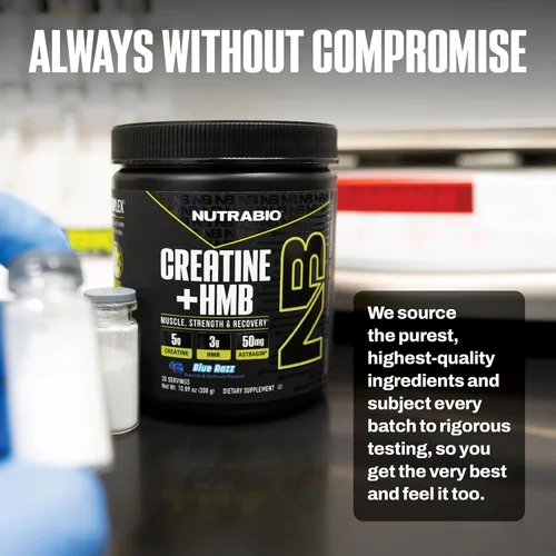 Miniatura 8 de NutraBio Creatina + HMB - Monohidrato de creatina con HMB en polvo para el crecimiento muscular, mayor fuerza - 30 porciones (Blue Razz)