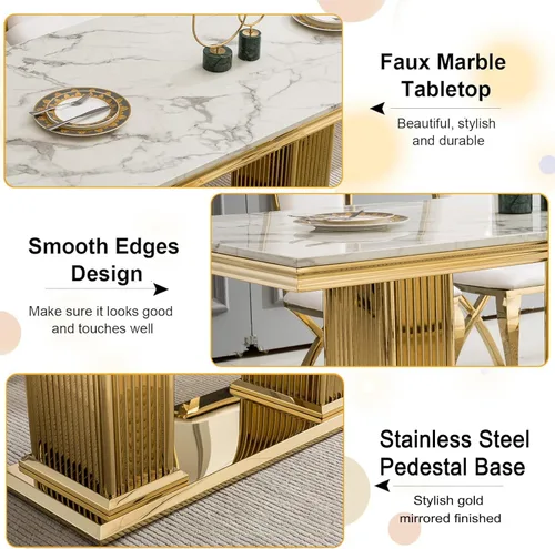 Miniatura 4 de Juego de mesa de comedor de 5 piezas, moderno juego de mesa de comedor para 4, 70 pulgadas, juego de mesa de comedor de mármol sintético blanco