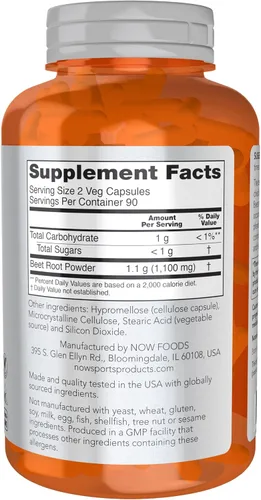 Miniatura 2 de NOW Foods Deportes, remolacha raíz vegetal, nutrición deportiva, apoyo del sistema inmunológico*, 550 MG, nitratos naturales, 180 cápsulas vegetales