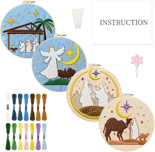 Miniatura 12 de INFUNLY Paquete de 4 kits de bordado de copo de nieve, kits de punto de cruz para principiantes y adultos, kit de inicio de punto de aguja de Kit