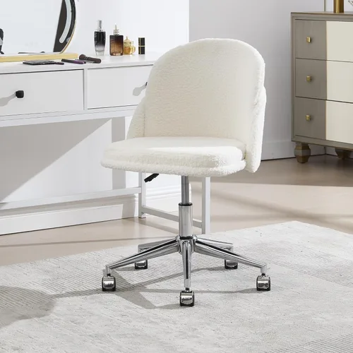 Miniatura 9 de Silla de escritorio de piel sintética, cómoda silla de maquillaje de felpa, moderna silla giratoria tapizada esponjosa con ruedas, base de metal