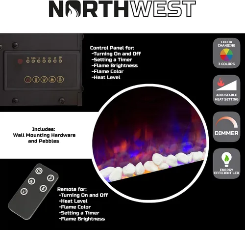 Miniatura 3 de Northwest Chimenea eléctrica – Calentador de chimenea de 36 pulgadas montado en la pared con control remoto llamas LED ajustables, temporizador