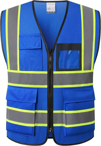 Miniatura 9 de Chaleco de seguridad para mujer, chaleco de alta visibilidad con 8 bolsillos y cremallera frontal, chaleco reflectante de malla que cumple