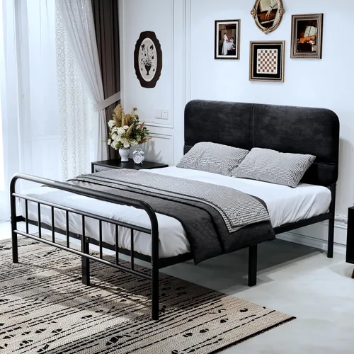 Miniatura 3 de Base de cama metálica de 14 pulgadas, tamaño matrimonial con cabecera tapizada, base de colchón resistente y de alta capacidad, fácil montaje,
