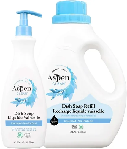 AspenClean | Jabón para platos y recambio | Sin perfume | Jabón detergente líquido para lavavajillas | No tóxico | 100% natural | verificado por EWG
