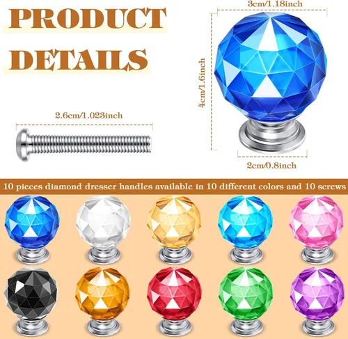 Miniatura 3 de Youyole 10 pomos de cristal coloridos para cajones de 1.18 pulgadas (1.181 in) para armarios y cajones, pomos para cajones de tocador y cocina