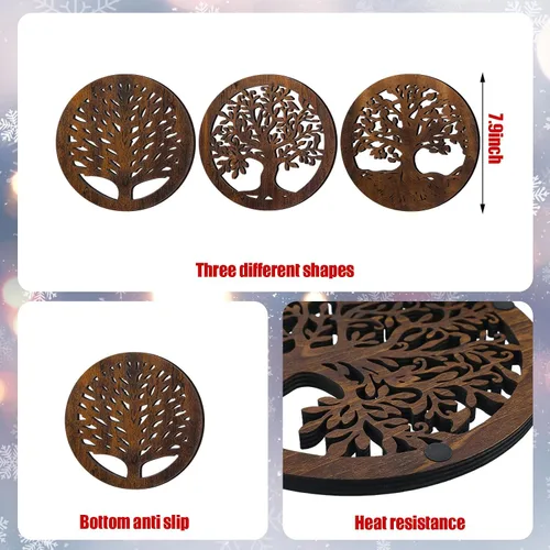 Miniatura 5 de Beeveer Juego de salvamanteles de madera de árbol de la vida para platos calientes, 8 salvamanteles redondos rústicos para árboles, soportes