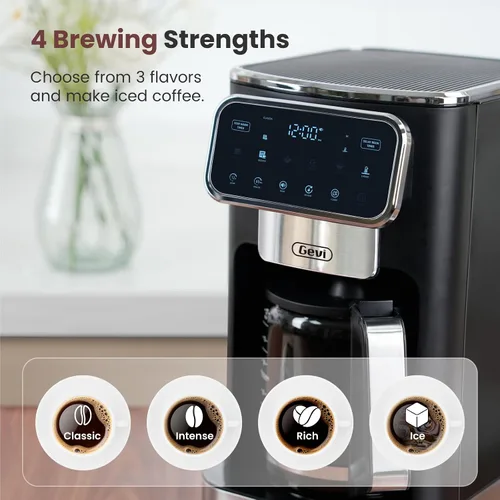 Miniatura 4 de Gevi 12-Cup Programmable Coffee Maker with Touchscreen, Strong Brew & Iced Coffee Options, Auto Shut-Off, 4-Hour Keep Warm, Glass Carafe, Anti-Drip