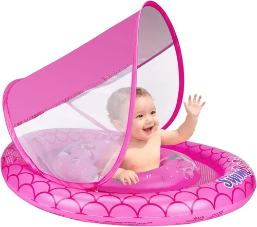 Anillo flotador de piscina para bebé con toldo ajustable y asiento de seguridad para piscina de juguete para edades de 6 a 36 meses Rojo (Red