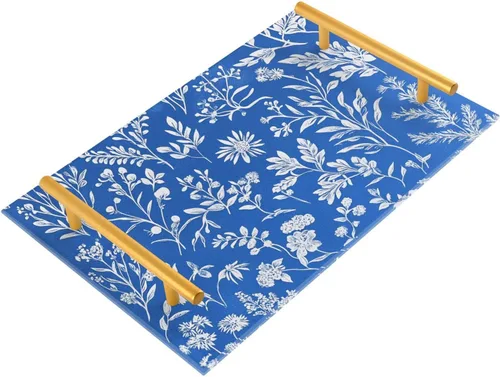 Bandeja decorativa de flores vintage azul rústico con asas con asas, bandeja para servir en la cama, para joyas, perfumes para bandejas de té, mesa