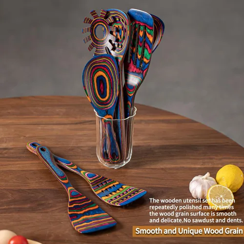 Miniatura 6 de Gudamaye Pakkawood - Utensilios de cocina de madera azul de 7 piezas, cucharas de madera, juego de utensilios de cocina, cucharas antiadherentes